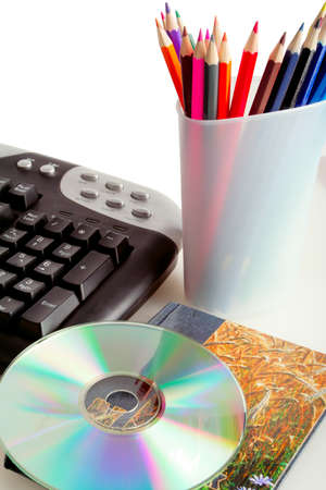 Writing materials: coloured pencils background.の写真素材
