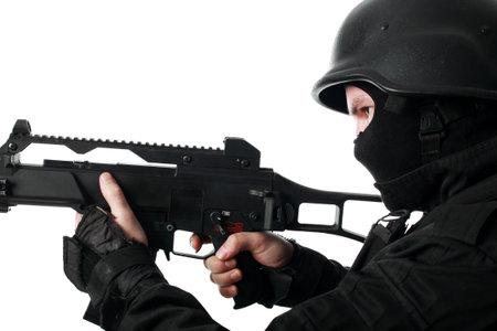Shot of a soldier holding gun.