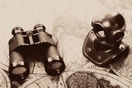 Old fashioned objects on the vintage world mapの写真素材