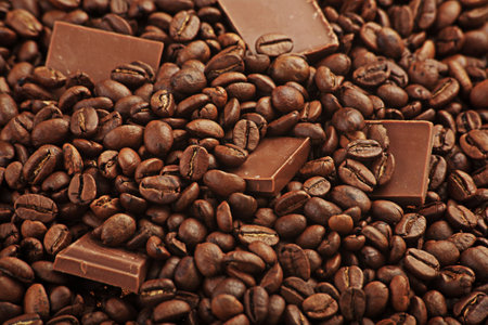 Chocolate-Coffee background: close-up of a coffee beans with chocolate. の写真素材