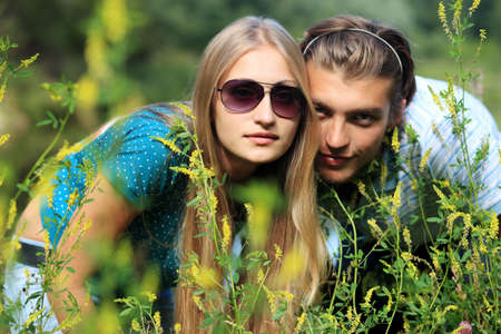 Portrait of a young couple in love outdoor.の写真素材
