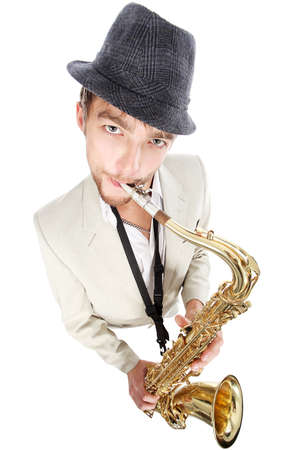 Portrait of a man playing the saxophone.の写真素材