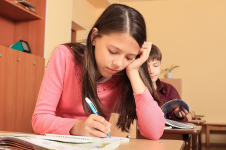 Educational theme: schoolchildren in a classroom.