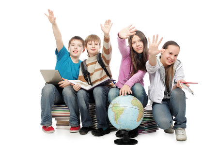 Educational theme: group of emotional teenagers sitting together. 
