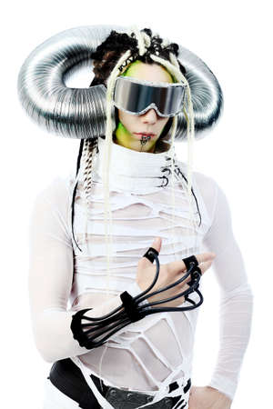 Shot of a futuristic young man with wires. Isolated over white background.の写真素材