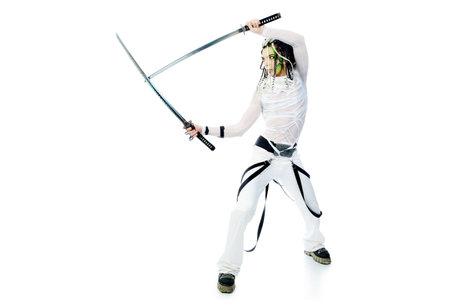 Shot of a stylish male warrior standing with his sword. Isolated over white background.