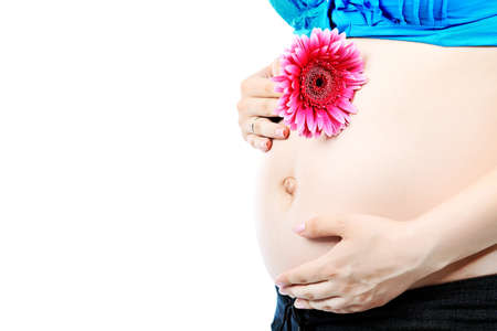 Close-up of a pregnant woman holding a flower. Isolated over white background.の写真素材