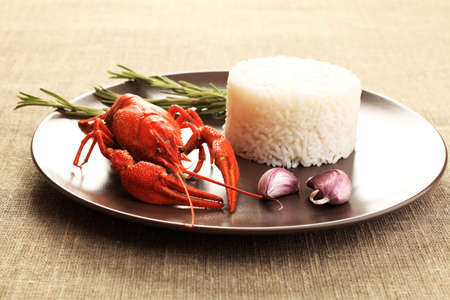 A dish with steamed white rice and boiled crawfish.の写真素材