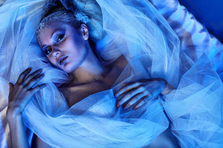 Art portrait of a beautiful woman in veil. Fashion, beauty.の写真素材