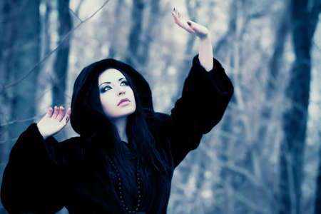 Shot of a gothic woman in a winter park. Fashion.の写真素材