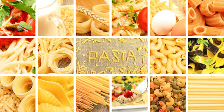Food theme: conceptual collage of delicious pasta.