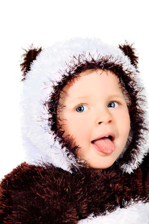 Beautiful baby in panda costume. Isolated over white.の写真素材