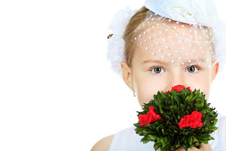 Beautiful little girl in princess dress. Isolated over white background.の写真素材