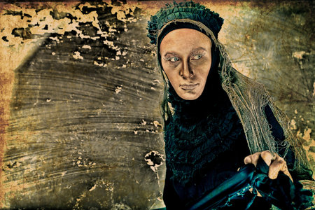Shot of the woman in old-fashioned dress. 
