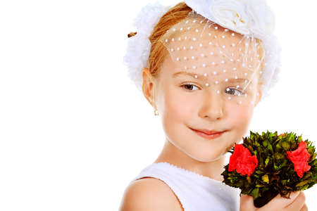 Beautiful little girl in princess dress. Isolated over white background.の写真素材
