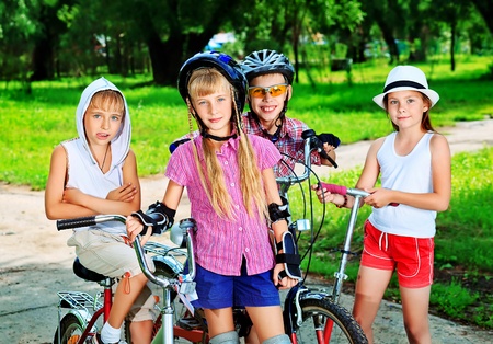 Group of active children in a summer park.の写真素材