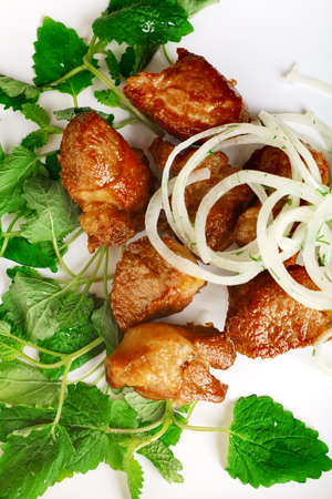 Delicious grilled fillet meat with onion and greens on white plate.の写真素材