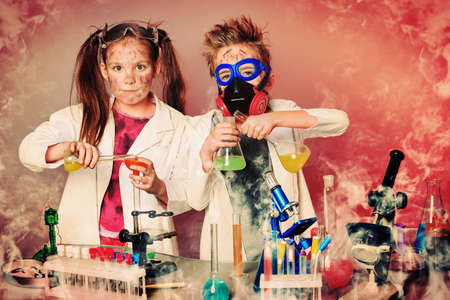 Two children making science experiments. Education.の写真素材
