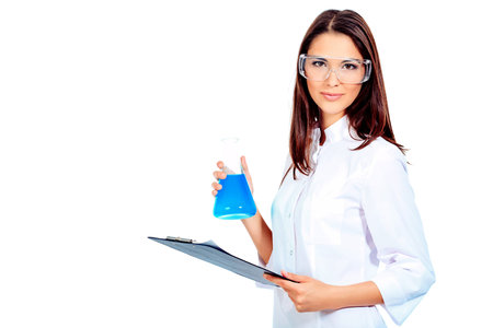 Portrait of a female laboratory assistant holding flask. Isolated over white.