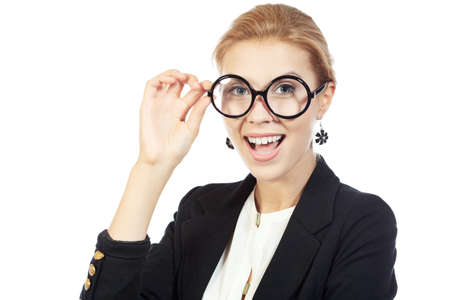 Smiling business woman in big round spectacles. Isolated over white background.の写真素材