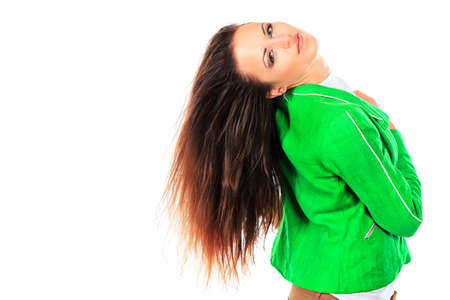 Modern girl dancing hip-hop at studio. Isolated over white.の写真素材