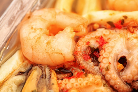 Food theme  octopus, mussels, shrimp and other seafood 