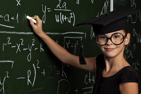 Portrait of a cute schoolgirl in academic hat and big round spectacles at a classroom.
