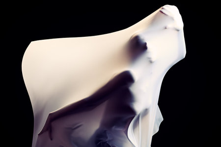 Art photo of a female silhouette breaking through the fabric. Struggle concept.