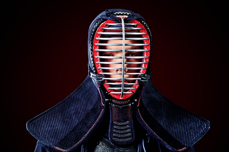 Close-up portrait of kendo fighter  Asian martial arts の写真素材