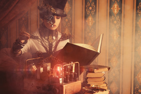 Portrait of a beautiful steampunk woman over vintage background.の写真素材