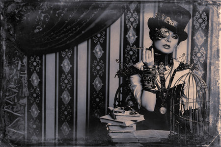 Portrait of a beautiful steampunk woman over vintage background.