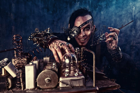 Portrait of a steampunk man over grunge background.