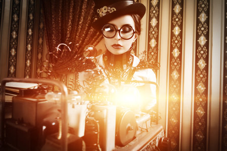 Portrait of a beautiful steampunk woman over vintage background.の写真素材