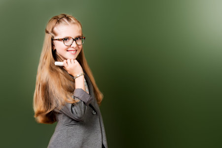 Smiling schoolgirl stands at the blackboard. Education. の写真素材
