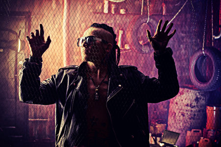 Modern young man with dreadlocks in the old dark garage.の写真素材