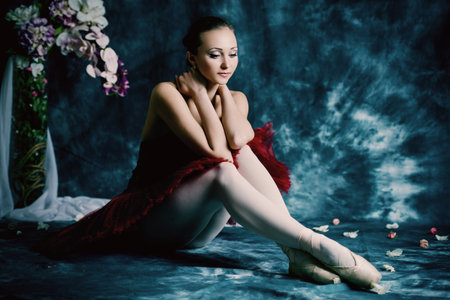 Beautiful bellet dancer posing at studio over vintage background. の写真素材