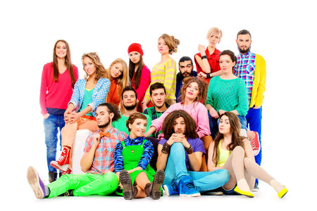 Large group of cheerful young people. Isolated over white.の写真素材