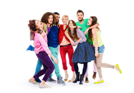 Large group of cheerful young people. Isolated over white.の写真素材