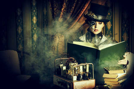 Portrait of a beautiful steampunk woman over vintage background.の写真素材
