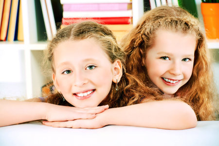 Two beautiful happy sisters playing together at home.の写真素材