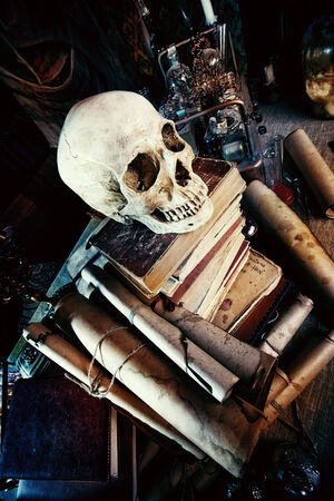 Medieval alchemist laboratory. Halloween. Fairy-tale interior.の写真素材