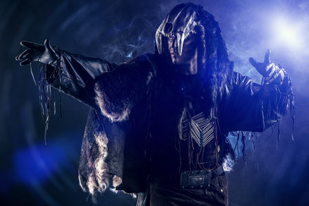 Ancient shaman warrior. Ethnic costume. Paganism, ritual.