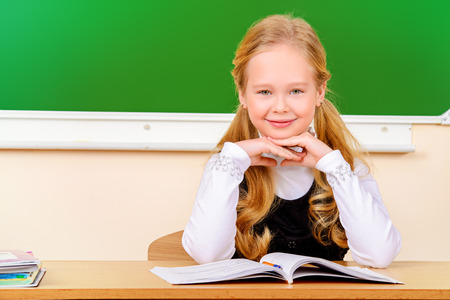 Smiling schoolgirl sits at a desk during a lesson. Education.の写真素材