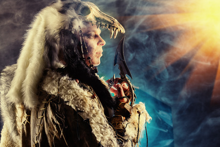 Ancient warrior Barbarian. Ethnic costume. Paganism, ritual.の写真素材