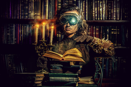 Portrait of a man steampunk in his research laboratory. Fantasy.の写真素材