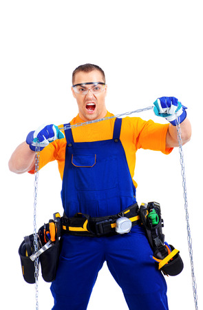 Portrait of an industrial worker posing with different emotions. Job, occupation. Isolated over white.の写真素材