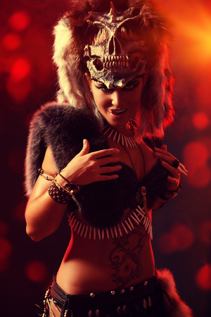 Amazing bellicose Amazon woman in battle. Ancient times. Fantasy.の写真素材