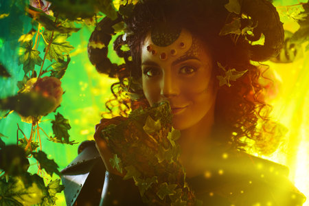 Fabulous Faun blowing the horn of plenty. Fantasy. Body painting.