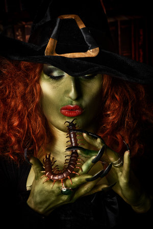 Close-up portrait of a fairy wicked witch in the wizarding lair. Magic. Halloween.