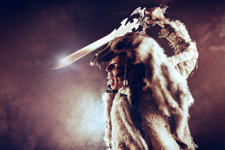 Ancient warrior Barbarian. Ethnic costume. Paganism, ritual.